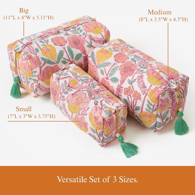 Saffron Marigold Quilted Makeup Bag Set of 3, Hand Block Printed Cotton Cosmetic Bags for Women, Waterproof Lined Travel Toiletry Bag, Coquette Floral Aesthetic, Handmade Gift, Sunspell Garden - Image 4