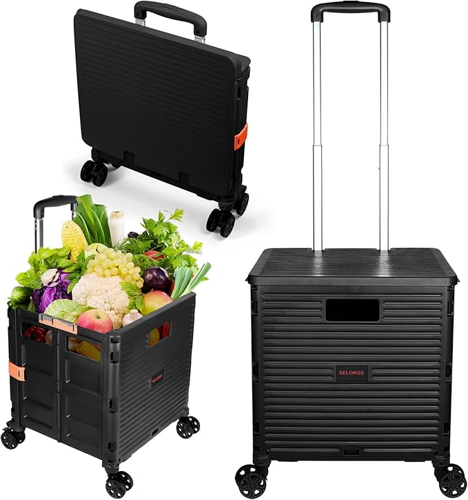 Foldable Utility Cart Portable Rolling Crate Handcart Shopping Trolley Collapsible 4 Rotate Wheels with Durable Heavy Duty Plastic Telescoping Handle for Travel Shopping Moving Storage Office Use by FELICON