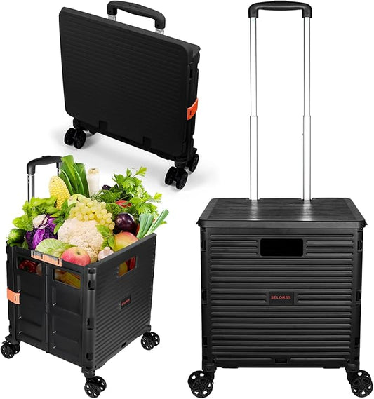 Foldable Utility Cart Portable Rolling Crate Handcart Shopping Trolley Collapsible 4 Rotate Wheels with Durable Heavy Duty Plastic Telescoping Handle for Travel Shopping Moving Storage Office Use by FELICON