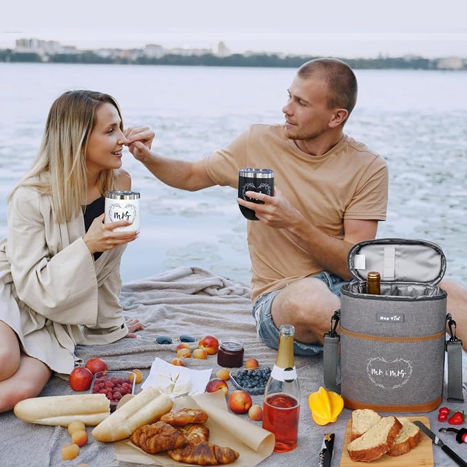 Hap Tim Wedding Gifts for Couples, Bridal Shower Gifts, Engagement Gifts for Newlyweds, Mr and Mrs gifts - Wine Cooler Bag Insulated Wine Carrier Tote with Tumblers, Bamboo Cheese Borad - Image 6