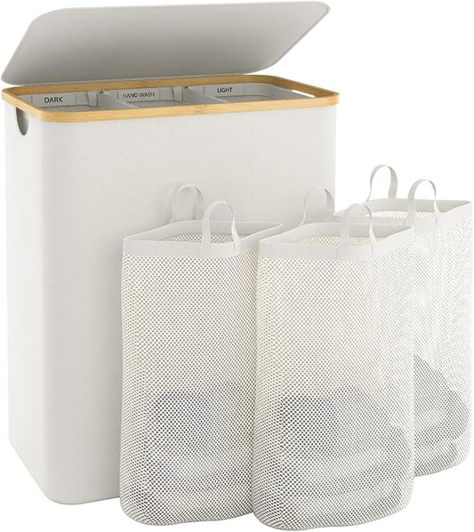 Hampers for Laundry Basket with Lid, 145L Large Laundry Hamper 3 Section | Dirty Clothes Hamper Separator with 3 Removable Bags & 5 Labels, Divided Laundry Organizer for Bedroom, Laundry Room, Beige by Bathola