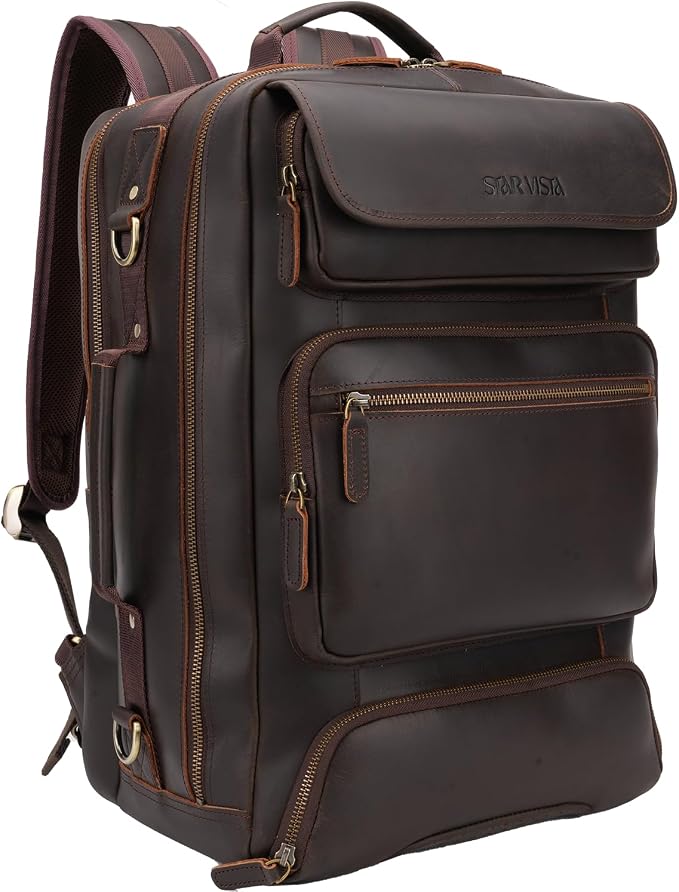 STAR VISTA Voyager-02 Full Grain Leather Travel Backpack, 30L Luxurious Capacity, All-in-One Duffle Backpack for Global Jet-set Voyagers, 16" Laptop Compatible, Canvas Lining by STARVISTA