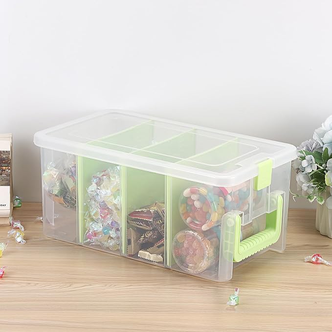 BTSKY Clear Plastic Dividing Storage Box with 4 Deep Compartments Adjustable Storage Bin with Lid Portable Craft Container Multipurpose Sewing Box Art Supply Organizer, 13.9x7.9x6.2 Inches, Green - Image 6