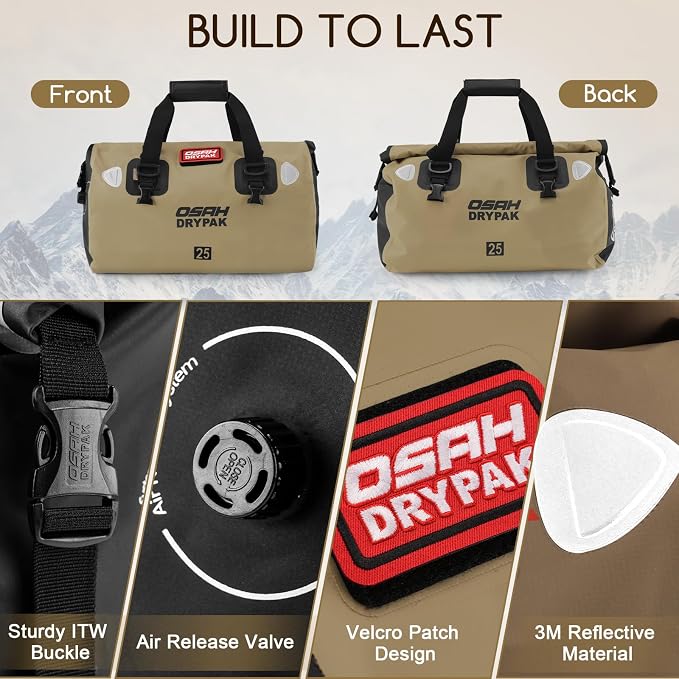 OSAH DRYPAK Waterproof Duffel Bag - Motorcycle Dry Bag Tail Bag with Large Storage Space, Waterproof Luggage Duffle Bags with Outer Mesh Zipper Pocket for Camping, Kayaking, Fishing & Traveling - Image 3