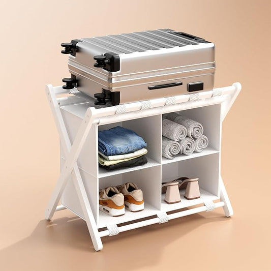 White Bamboo Luggage Rack with 4 Storage Compartments, Foldable Suitcase Stand, Luggage Rack for Guest Room, 150lbs Capacity, Sturdy by Unknown