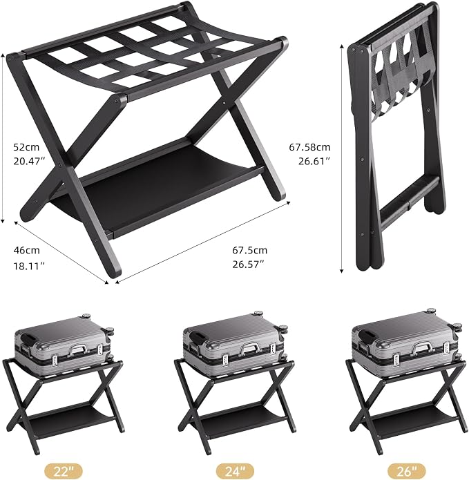 HITNET Luggage Rack for Guest Room, Pack of 2, Suitcase Stand Folding Bedroom, Bamboo Hotel Luggage Holder with Fabric Storage Shelf and Nylon Straps, Black - Image 4