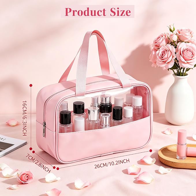 12 Pcs Pink Translucent Make up Bag, Waterproof Toiletry Bags with Handle, Portable Travel Cosmetic Organizer Pouches for Women Girls Travel Daily Use - Image 4