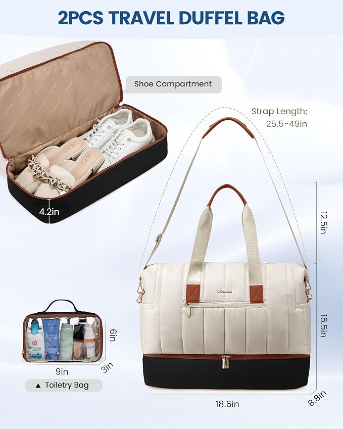 LOVEVOOK Travel Duffle Bag,Puffer Weekender Bags For Women with Shoe Compartment,42L Carry On Duffel Bags For Airplanes,Hospital Bag for Labor and Delivery,Overnight Bag,2Pcs Set - Image 3