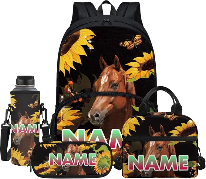 Sunflower Horse 4 Pieces/Set Kids Backpack, Yellow Flower Lunch Bag for Boys Girls, Floral Black Bookbag Insulated Lunch Box Water Bottle Carrier Bag Pen Pouch by Jndtueit