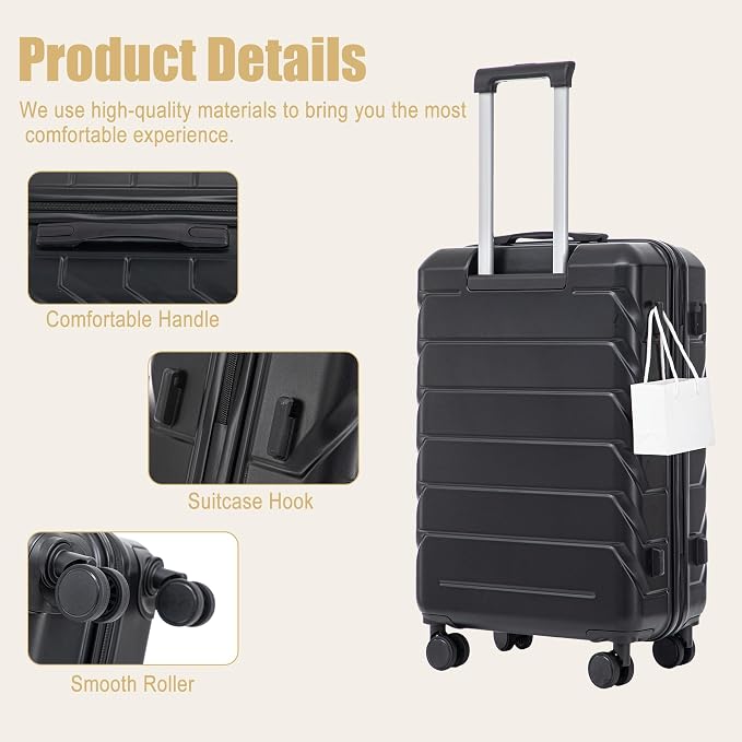 28 Inch ABS Hard Shell Large Luggage With Combination Lock and Side Hooks, Black - Image 5