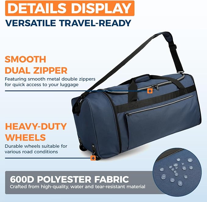 Uarition 70L Foldable Rolling Duffle Bag with Wheels, 28” Large Duffle Bag for Travel, Carry On Luggage Duffel Bag for Traveling/Camping/Moving, Water Resistant, Blue - Image 5