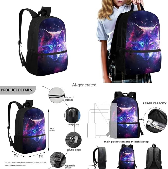 Galaxy Wolf Backpack for Girls Boys Backpack with Lunch Box Water Bottle Holder with Strap and Aesthetic Pencil Case 4PCS Set Bookbag with Front Pocket for School 17 inch School Bag for Kids - Image 3