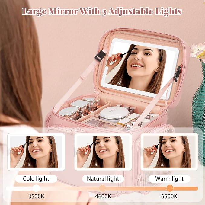 Large Makeup Bag with LED Mirror, Travel Makeup Bag Organizer for Women Girls with Makeup Brush Compartment & Two Side Pockets, 3 Color Lights Cosmetic Toiletry Bag- Leather Pink - Image 3