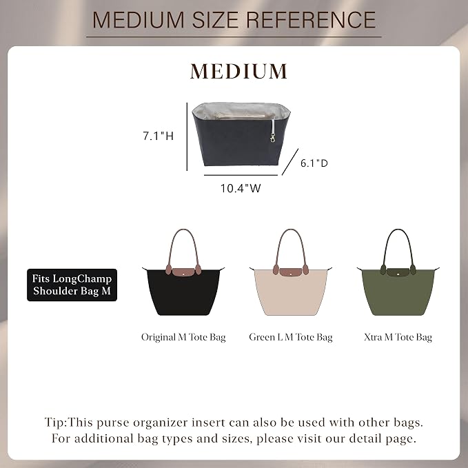 DOXO Purse Organizer Insert for Longchamp Le Pliage Medium, 6-Compartment Bag Organizer with YKK Zipper Pocket, Cup Holder, Key Chain, Waterproof DupontPaper Lightweight Handbag Shaper (Black Beige,M) - Image 2
