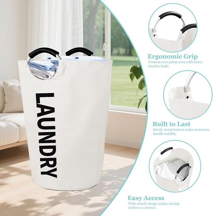 WOOHA 125L Large laundrybasket,Collapsible laundry hamper, Tall Clothes Baskets Folding Washing Bin Foldable Fabric Hamper Bags for Bedroom, Closet,Bathroom,College,laundry bag,beige - Image 5