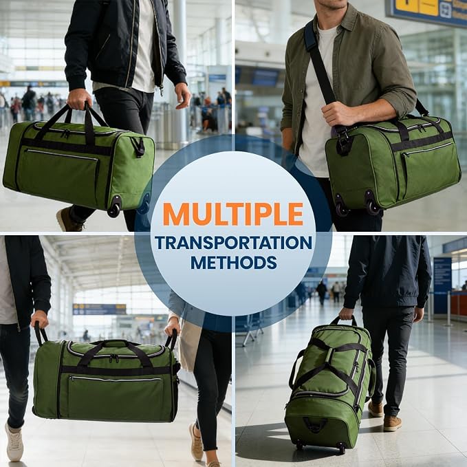 Uarition 70L Foldable Rolling Duffle Bag with Wheels, 28” Large Duffle Bag for Travel, Carry On Luggage Duffel Bag for Traveling/Camping/Moving, Water Resistant, Green - Image 6
