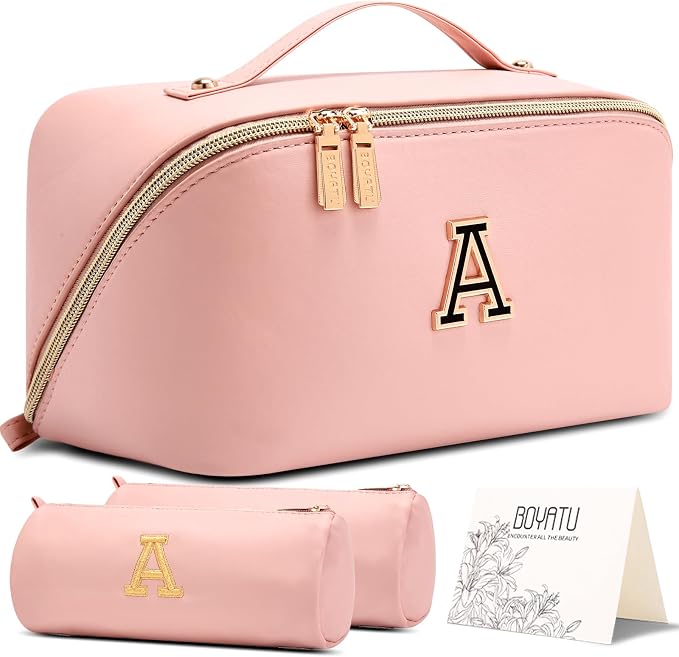 BOYATU Makeup Bag Gift for Women: 3-in-1 Travel Personalized Cosmetic Bag | Initial Make up Bag - Monogram A-Z - Vegan Leather Flat Open Toiletry Organizer - Ideal Gift Set for Birthday Graduation by BOYATU