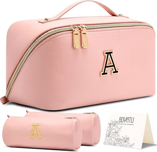BOYATU Makeup Bag Gift for Women: 3-in-1 Travel Personalized Cosmetic Bag | Initial Make up Bag - Monogram A-Z - Vegan Leather Flat Open Toiletry Organizer - Ideal Gift Set for Birthday Graduation by BOYATU