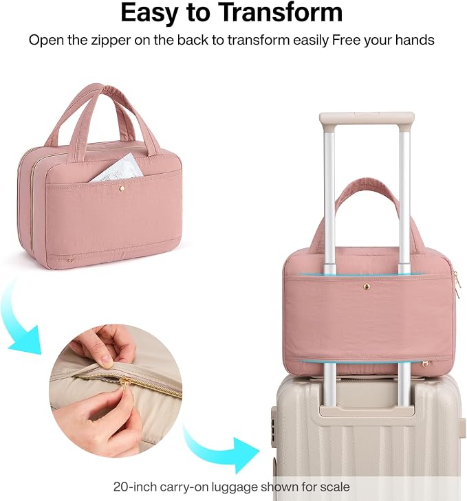 Hanke Hanging Travel Toiletry Bag with Jewelry Organizer, Pink | Large Capacity, Holds Full-Size Bottles, Water & Stain Resistant, 360° Swivel Hook, Trolley Sleeve, Women's Makeup Organizer - Image 8
