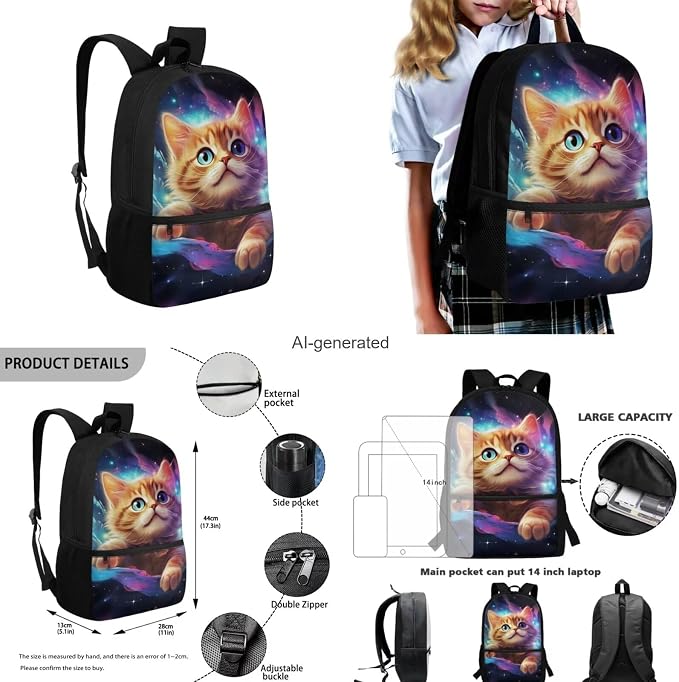 Galaxy Cat Backpack for School Girls Backpack with Lunch Box Water Bottle Holder with Strap and Cute Pencil Case 4PCS Set Bookbag with Front Pocket 17 inch Large Capacity School Bag for Kids - Image 3