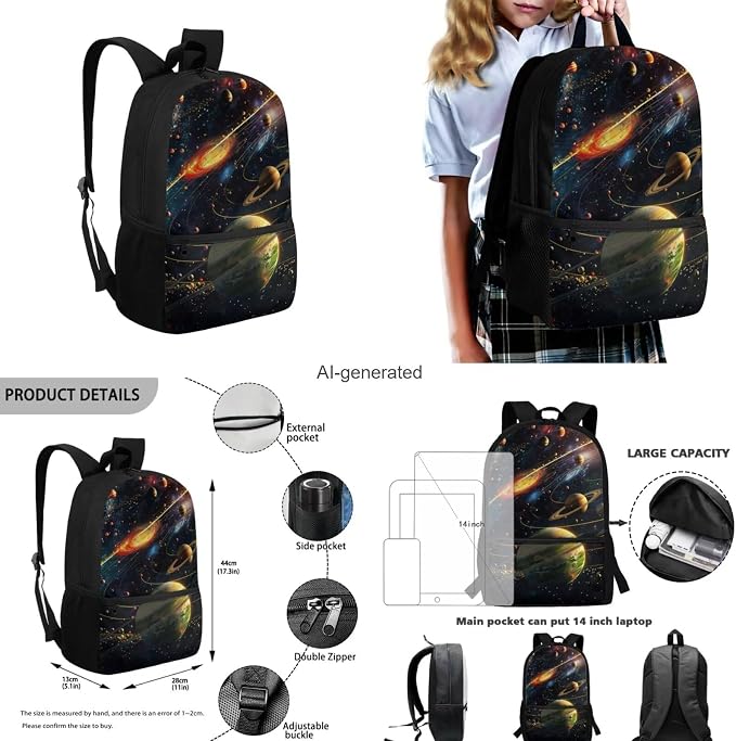 Galaxy Space Backpack for Boys Kids Backpack with Lunch Box Water Bottle Pouch and Big Pencil Case 4PCS Set Bookbag with Front Pocket 17" Sturdy School Bag for Girls Back to School Essentials - Image 3