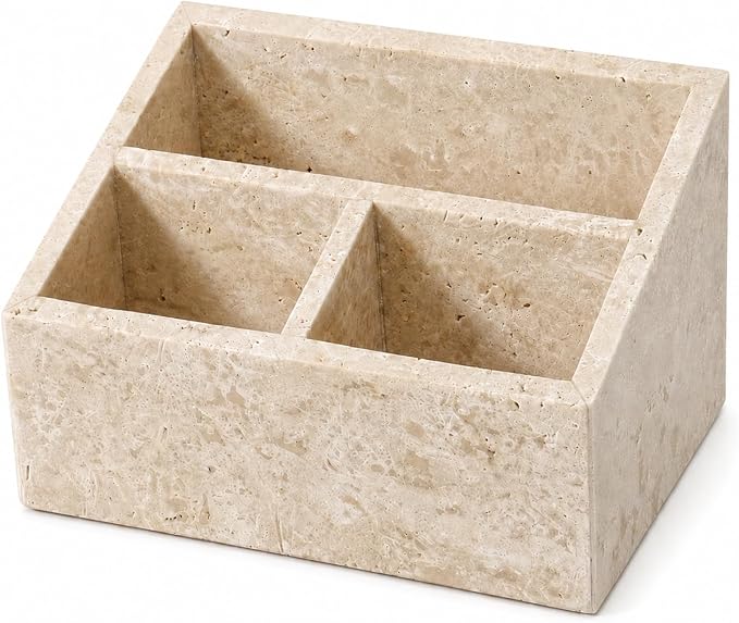 Travertine 3-Compartment Desk Organizer, Beige | Natural travertine with 3 compartments for pens, makeup brushes, skincare bottles, office supplies and vanity items by Unknown