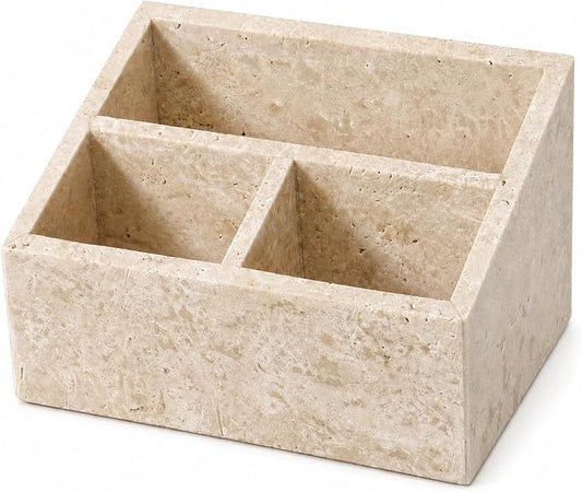 Travertine 3-Compartment Desk Organizer, Beige | Natural travertine with 3 compartments for pens, makeup brushes, skincare bottles, office supplies and vanity items by Unknown