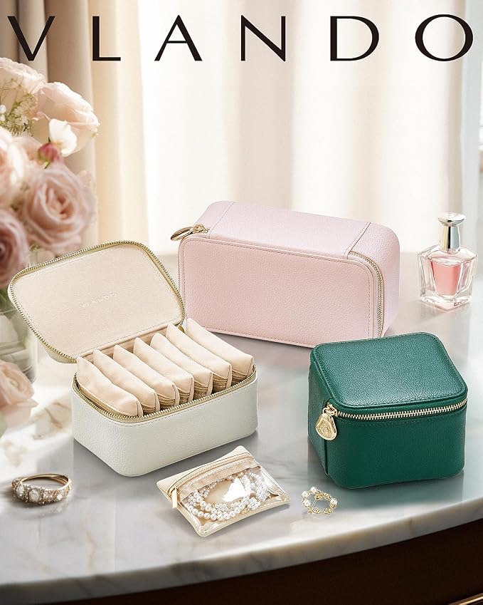VLANDO Jewelry Travel Case,Travel Jewelry Organizer with Clear Velvet Jewelry Bags 6Pcs Zipper Pouch for Women Girl Christmas Wedding Gift-Green - Image 2