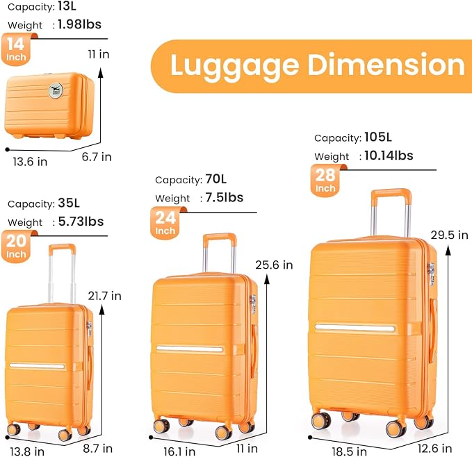 Merax Luggage Set 4 Piece Suitcase with Case Expandable Spinner Wheels Hardshell Airplane Approved Luggage Sets,Orange,14/20/24/28 - Image 2