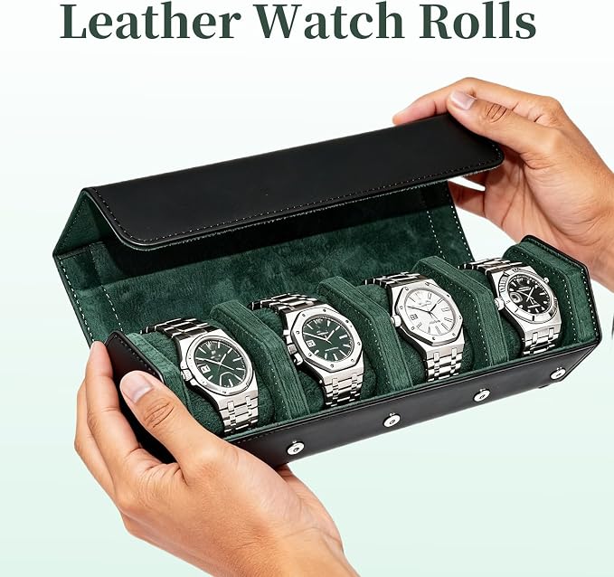 4-Slot Leather Watch Roll Travel Case with Velvet Interior,Black Green | Multiple Watch Capacity,Premium Hexagon Leather,Velvet M-Shaped Cushions,Secure Snap Closure,Storage Organizer - Image 2