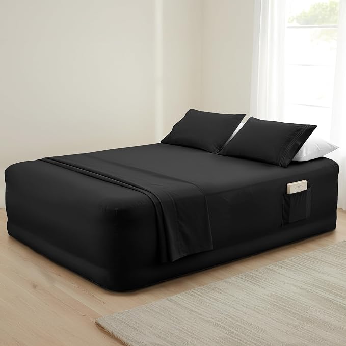 Mocassi 4-Piece Extra Deep Pocket 16-24 Inch Air Mattress Bed Sheet Set- 4PC Sheet Set with Smart Pockets Ideal for Air Beds, RVs, Camping and Guest Rooms Premium Hotel Quality, King, Black - Image 7