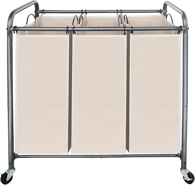 STO STO Laundry Sorter 3 Section, 3 Bag Clothes Hamper, Rolling Laundry Cart Basket with Heavy Duty Lockable Wheels and Removable Bag for Laundry Room, Bedroom, Closet, Beige by STOSTO