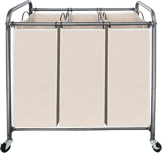 STO STO Laundry Sorter 3 Section, 3 Bag Clothes Hamper, Rolling Laundry Cart Basket with Heavy Duty Lockable Wheels and Removable Bag for Laundry Room, Bedroom, Closet, Beige by STOSTO