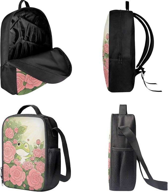Forchrinse Frog Rose Backpack for Girls 6-8 8-10 Cute Kids Backpack with Lunch Box Pencil Case 3 in 1 Bookbag for Kindergarten Elementary Primary Schoolbag - Image 5