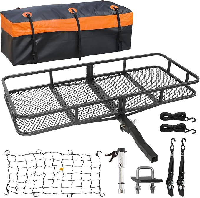 WEIZE Folding Hitch Mount Cargo Carrier Basket 60" X 20" X 6"+ Waterproof Cargo Bag, Hauling Weight Capacity of 500 Lbs and A Folding Arm, with Hitch Stabilizer, Net and Straps by WEIZE