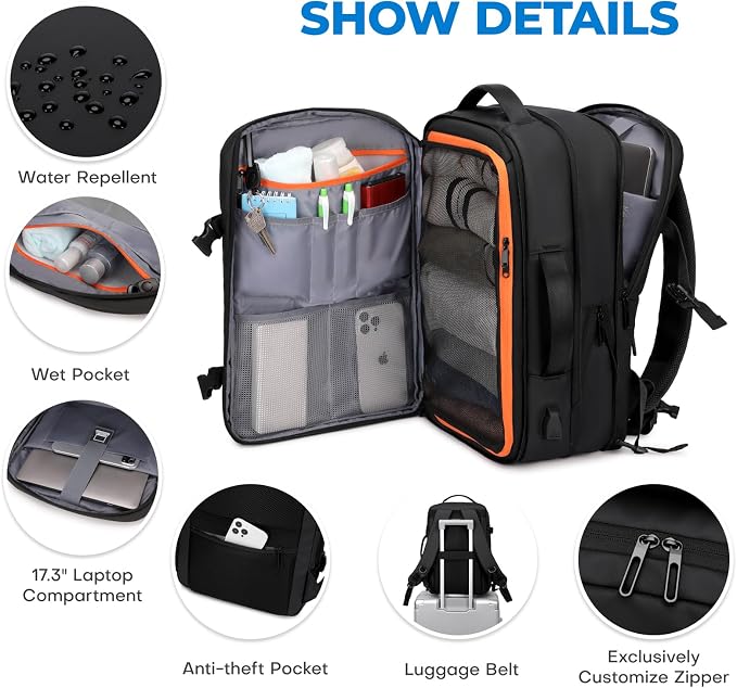 Rcrirth Carry On Travel Backpack Flight Approved for Men Women, Black | Expandable, Business Weekender Bag, 40L, Suitcase Backpack Luggage - Image 4