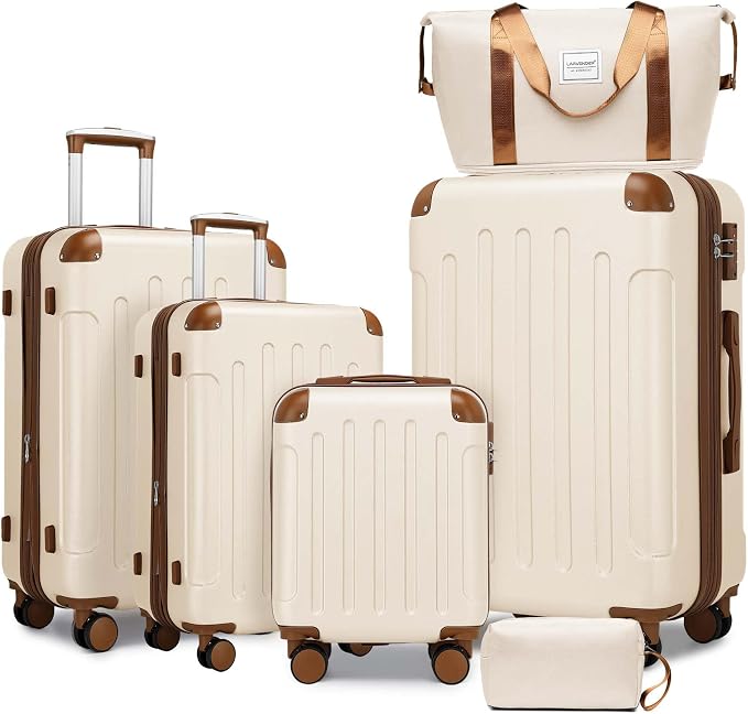 6 Piece Luggage Set Hard Shell - Cream Expandable Suitcases with Spinner Wheels and Duffel Bags for Family Travel, Durable Carry On Luggage Sets with Lock for Women and Men by Unknown