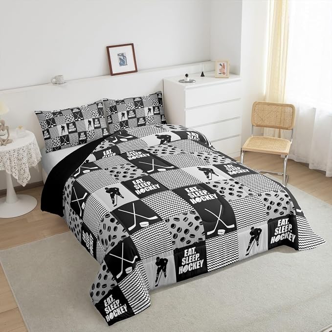 Ice Hockey Comforter Sets For Boys Full Black White Grey Winter Sports Games Down Comforter Kids Teen Room Decor,Hockey Pucks Player Bedding Set Geometric Checkered Stripes Quilt Duvet 2 Pillow Cases - Image 3