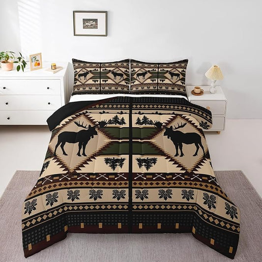 Erosebridal Moose Comforter Set for Kids Boys Girls Rustic Hunting Animal Bedding Sets Twin Farmhouse Wild Animal Sketch Quilt Western Tribal Duvet Insert with 1 Pillowcase Lightweight by Erosebridal