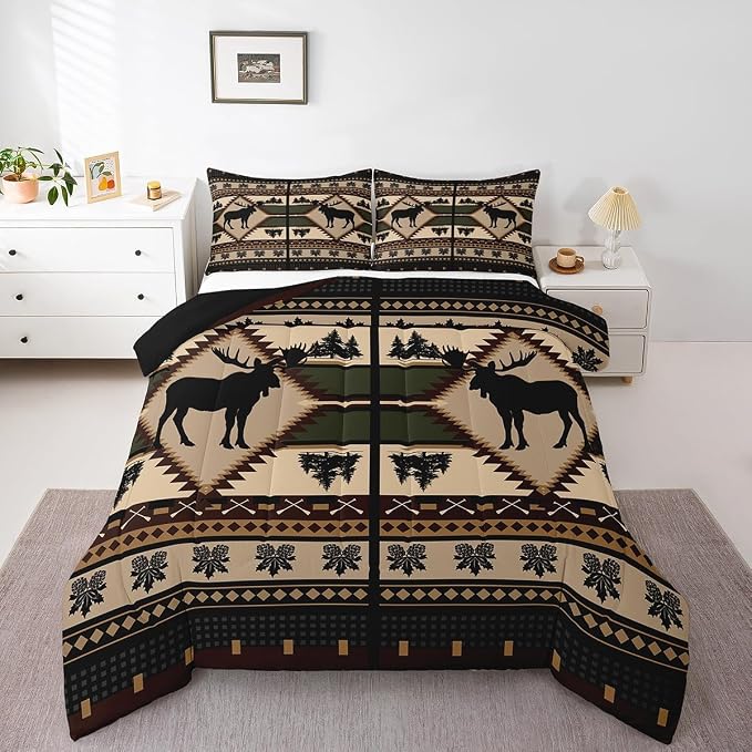 Erosebridal Moose Comforter Set for Kids Boys Girls Rustic Hunting Animal Bedding Sets Full Farmhouse Wild Animal Sketch Quilt Western Tribal Duvet Insert with 2 Pillowcases Lightweight by Erosebridal