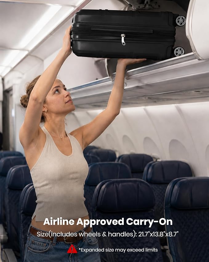 Kono Carry On Luggage Set Airline Approved with Spinner Wheels | Lightweight PC+ABS Carry On Suitcase with TSA Lock Durable Luggage Hardside Black - Image 3