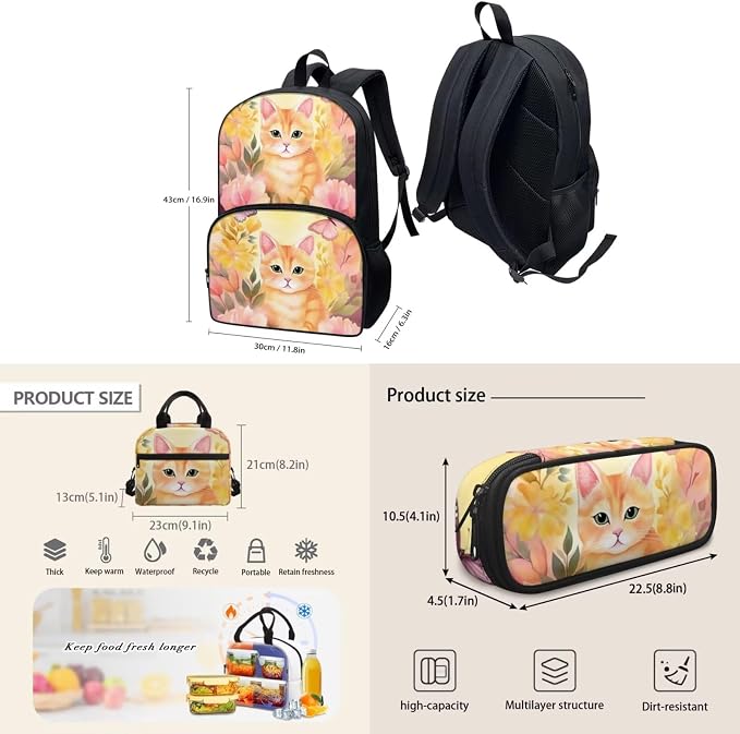Floral Cat Print Backpack Set for Girls Kids Lightweight Cute School Backpack with Lunch Box Pencil Case Adjustable Strap Padded Book Bag Insulated Lunch Bag - Image 4