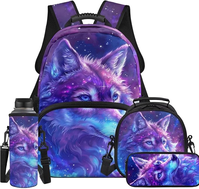 Galaxy Wolf Kids Bookbags for Boys Ages 5-10 Backpack with Lunch Bag 4Pcs Set Pencil case Water Bottle Pouch Elementary 17 inch School Accessories by Unknown