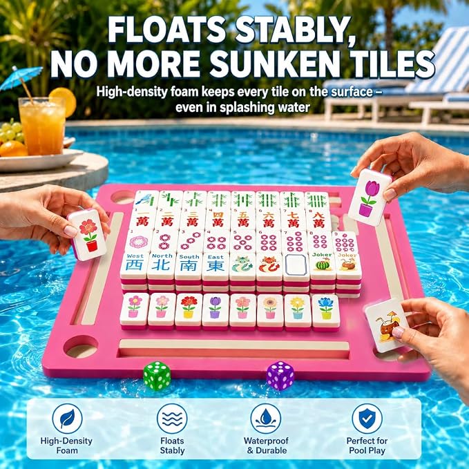 Floating Mahjong Tile Set for Pool,160 American Mahjong Tiles Waterproof EVA Foam with Dice Storage Bag for Pool Party Beach Vacation Summer Outdoor Game Set (Rose red) - Image 2