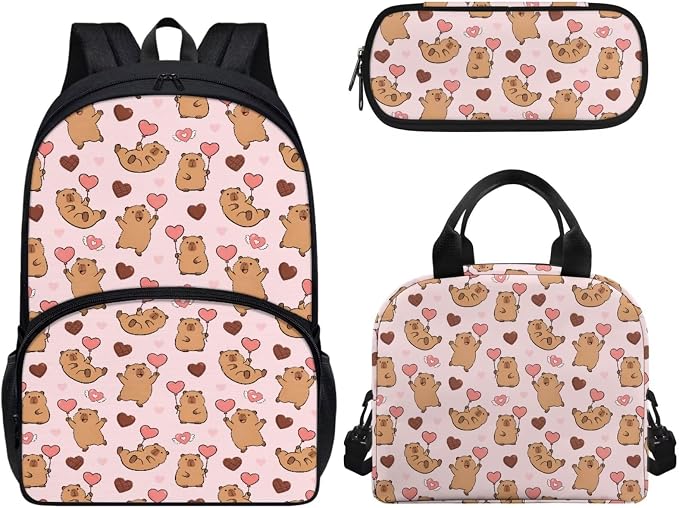 Capybara Heart 3Pcs Backpacks Set for school, Kids Bookbag Students Knapsack with Insulated Lunch Box Pencil Case for Teens Girls Girls by CndexdWearfunPrintjoy