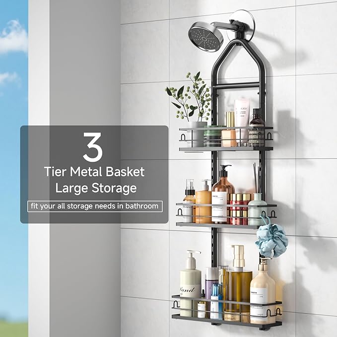 3 Tier Hanging Shower Head Caddy, Adjustable Hanging Shower Caddy Over Showerhead, Standing Shower Caddy No Drilling Handing Racks Rustproof for Bathroom Shampoo Soap Storage - Image 6