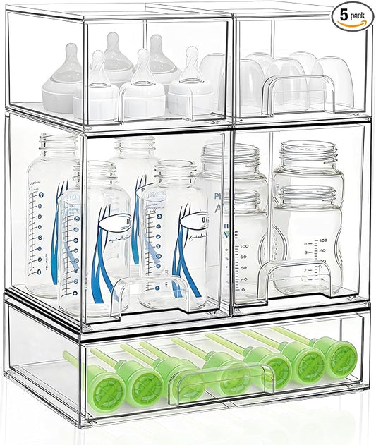 Bottle Storage Organizer Baby: Clear Stackable Storage Drawers, Acrylic Bottles Station Organizer for Countertop, Vanity, Bathroom, Cabinet Organization - 5 Pack by Saccik