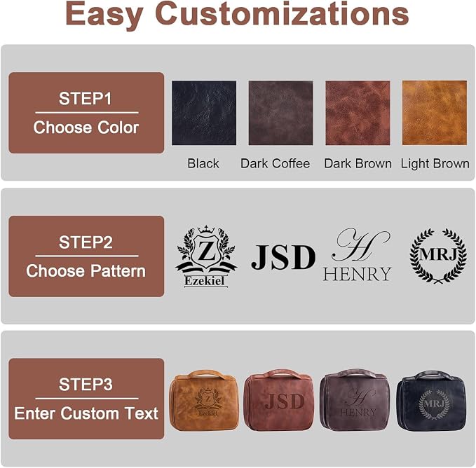 3-in-1 Large Personalized PU Leather Toiletry Bag For Men, Custom Groomsmen Gifts Hanging Travel Organizer Bag, Laser Engraved Name Monogram Shaving Kit Gift For Him Husband - Image 3