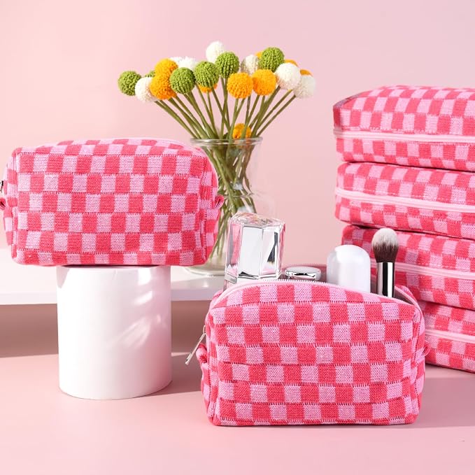 SOIDRAM 12PCS Checkered Makeup Bag Preppy Cosmetic Bag Bulk Hot Pink Makeup Pouch Personalize Travel Toiletry Bag Organizer Cute DIY Makeup Brushes Storage Bag for Women - Image 2