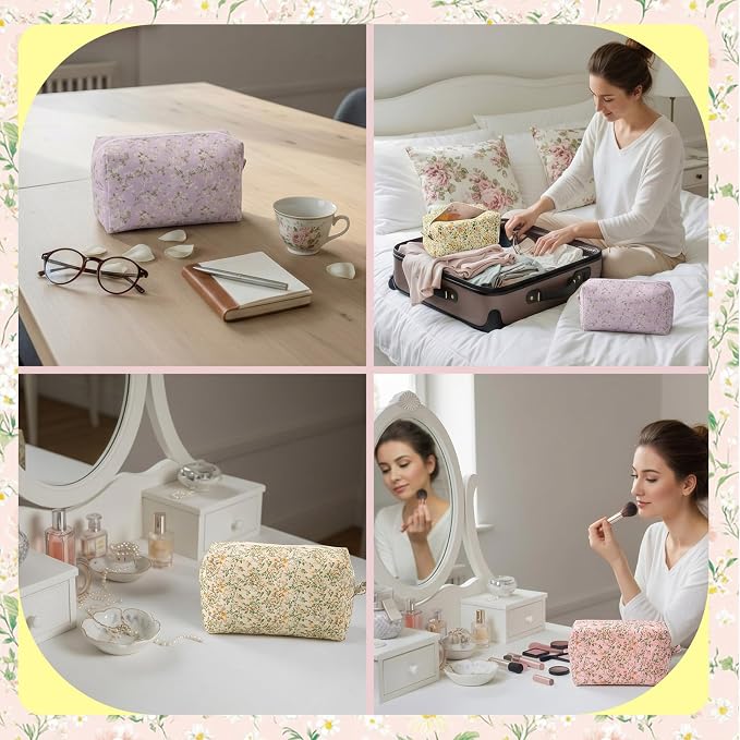 Sweetude 12 Pcs Flowers Makeup Bag Bulk Cotton Portable Travel Cosmetic Bags with Zipper Floral Cotton Roomy Travel Toiletry Organizer Storage Beauty Pouch for Women Gifts - Image 5